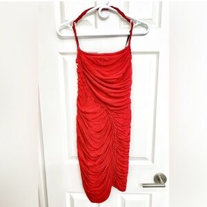 NWOT - Vibrant Red Ruched Mini Halter Bodycon Dress w/ Braid Accent